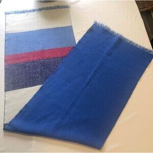 J McLaughlin Wool Scarf Wrap Blue Striped Fringe Unisex 19x71 Soft Classic